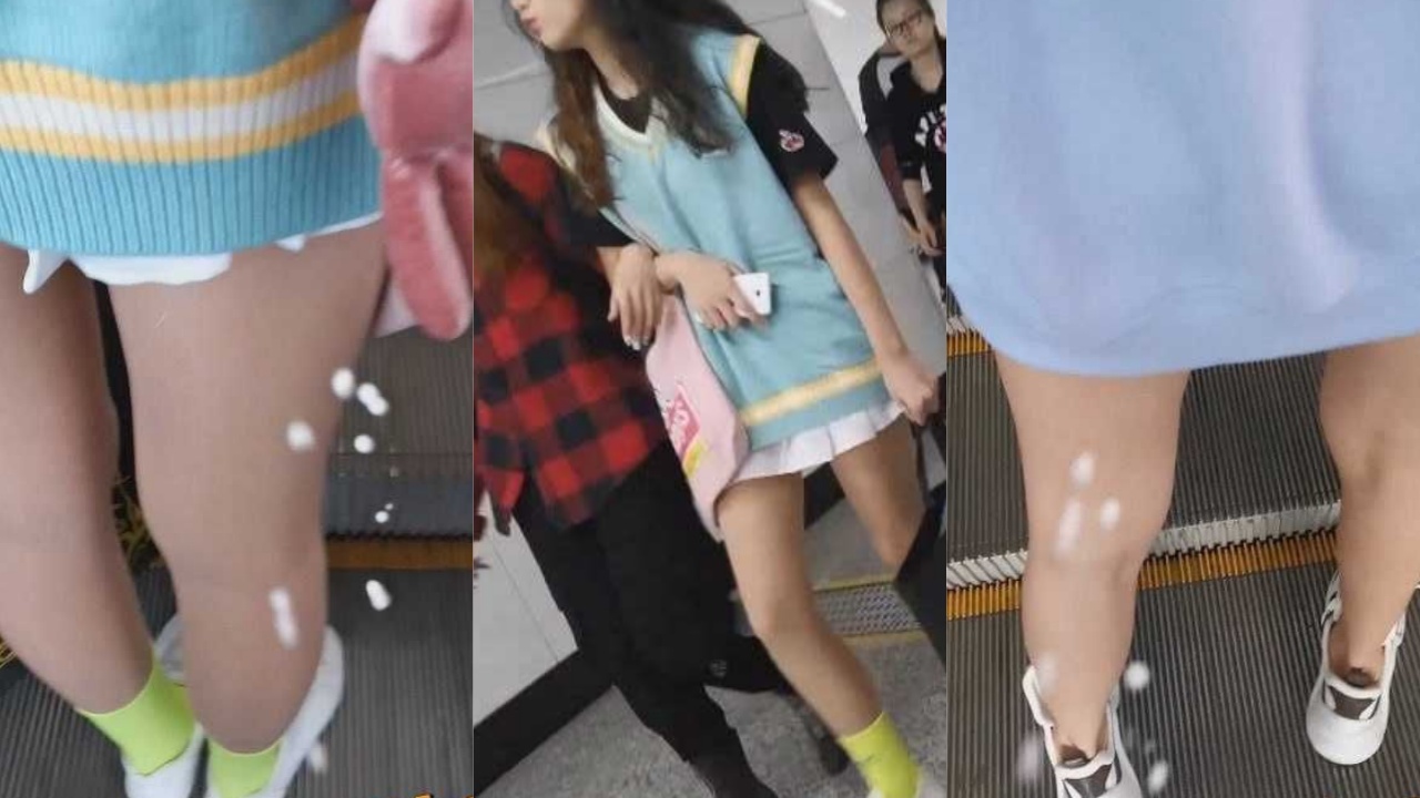 顶臀街射！涂鸦大神手扶梯顶臀射精两个美腿嫩妹 瞬间回头绝对刺激 这猥琐男专射美腿！