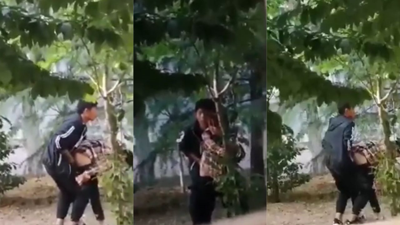 性饥渴的初中情侣在学校树林野战 先给女友抠逼又后入 被同学发现用手机拍下