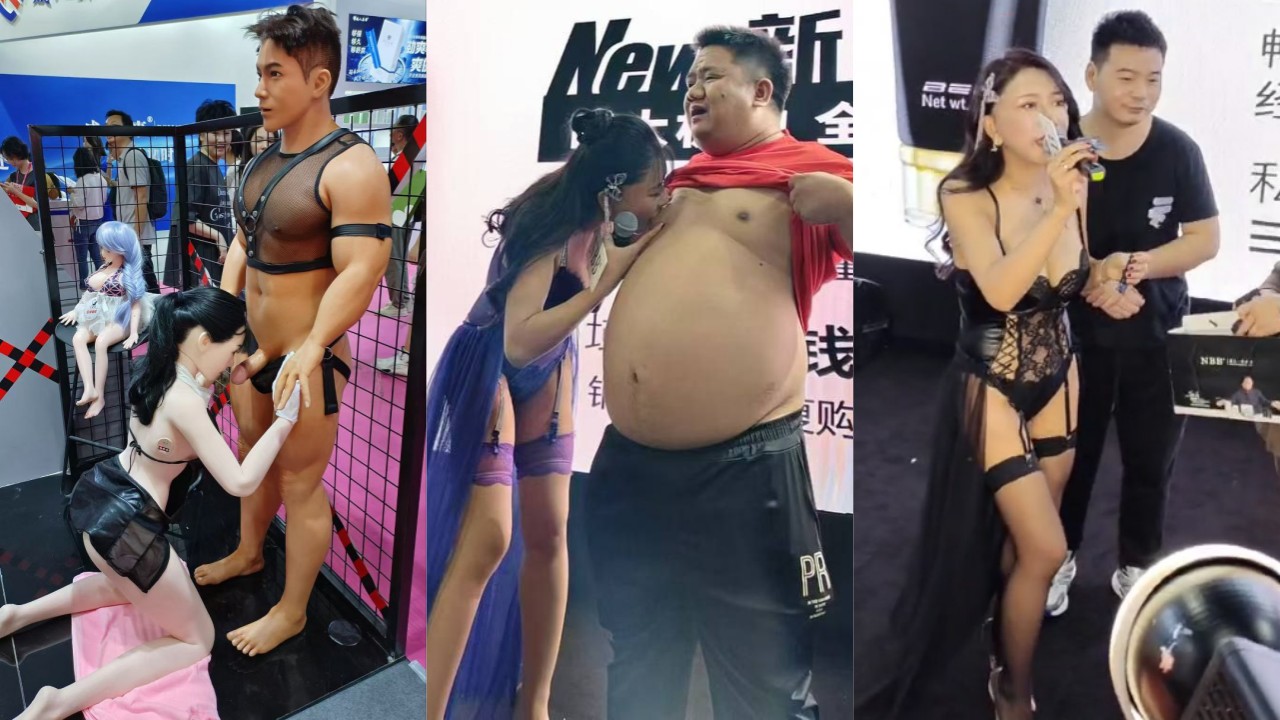 太敬业了！2024年广州性博会 性感嫩模台上给油腻男吸舔乳头 