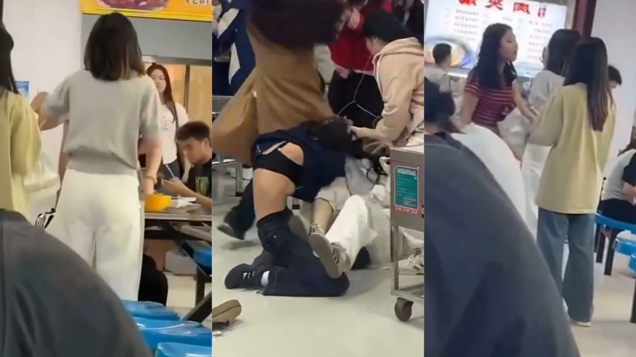 师范女学生食堂混战奶罩都快扯飞了 因插队问题起争执 进而演变成双方宿舍打群架 