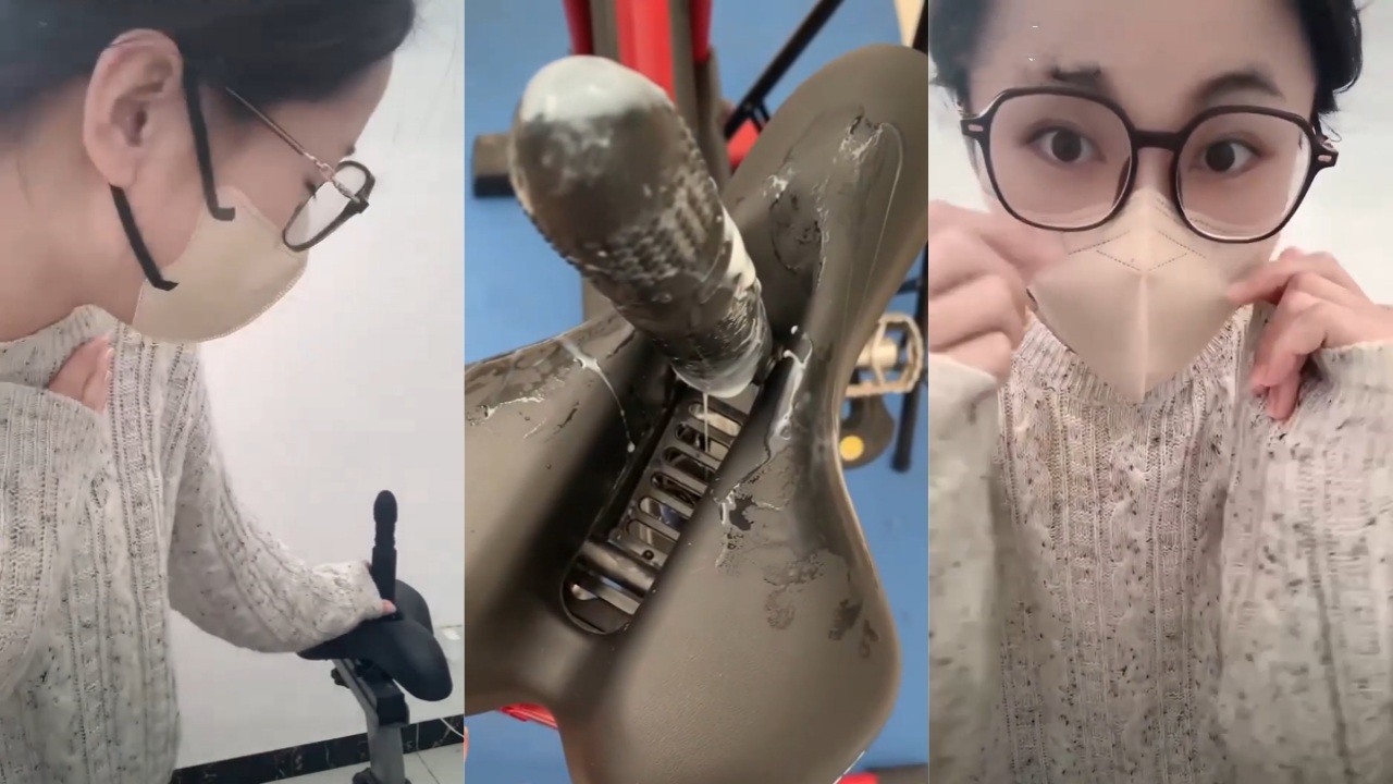 抖音网黄全靠脑补 主播骑上装了假屌的单车 下来时上面已经粘满白浆