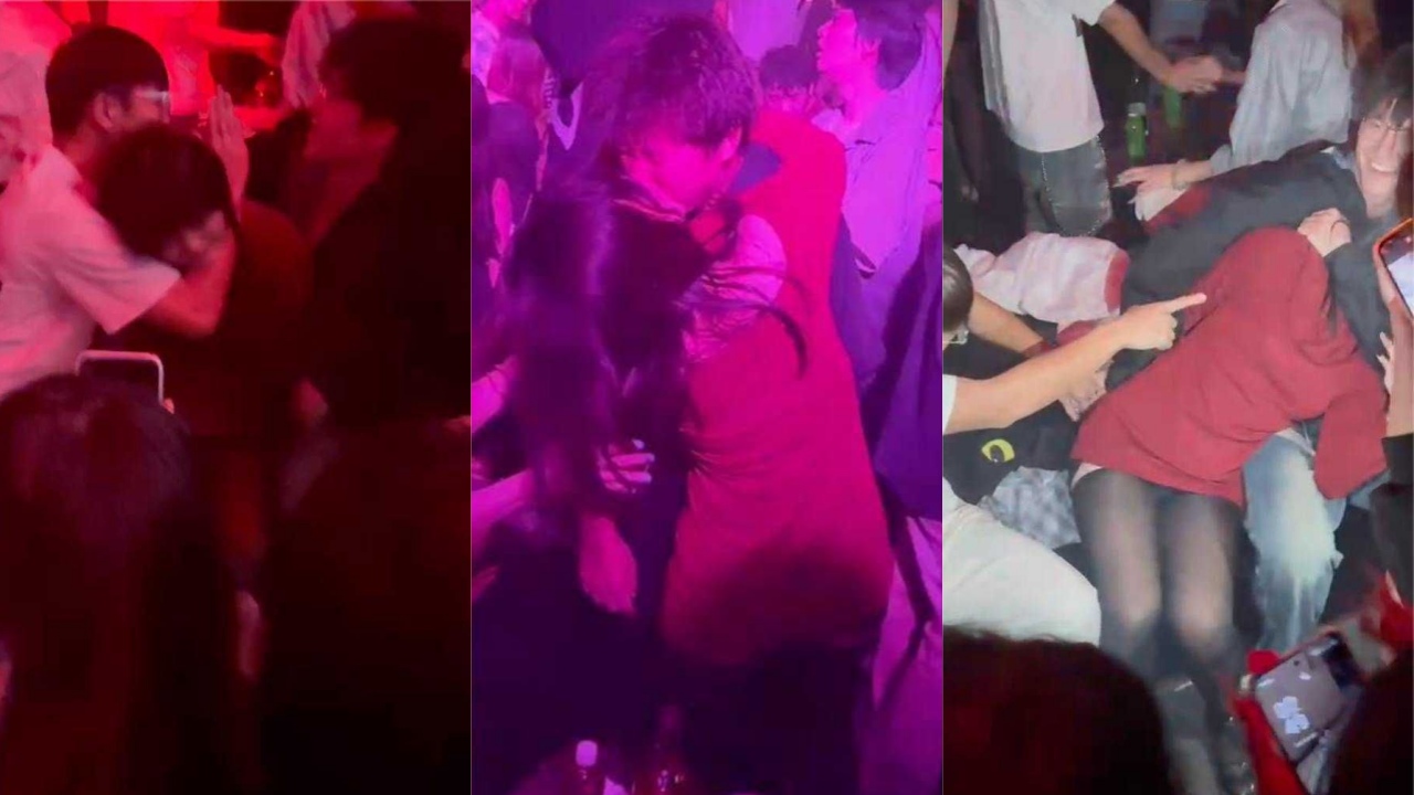 广州燃冬酒吧开发光棍节新活动 女孩谁抢到谁就可以激情热吻 一女战四男 最后被拉到厕所操逼